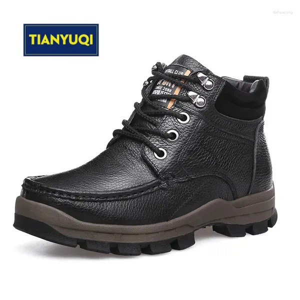 Sapatos de caminhada tianyuqi tamanho grande couro genuíno para homens inverno quente pelúcia lazer ao ar livre botas de neve calçados à prova dwaterproof água