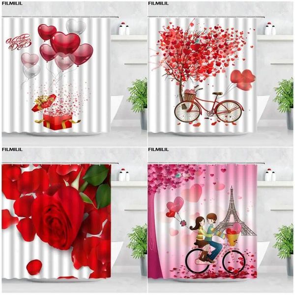 Duschvorhänge Valentinstag rote Rose Herz Ballon romantisches Paar Paris Turm Muster Polyester mit Haken Badezimmer Dekor