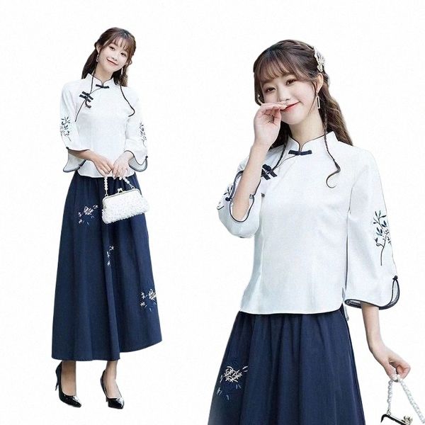Vintage Chinesischer Stil Junge Studentin Damenkleidung Frühling Sommer Traditial Chegsam Top Stickerei Blauer Rock Han Tang Anzug S4Ie #