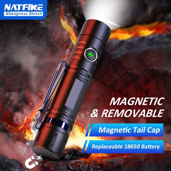 Strumenti Natfire PK12 Magnetica potente torcia LED ricaricabile con batteria rimovibile 18650 Opzionale Torcia EDC Torcia EDC USB CARMAGGIO