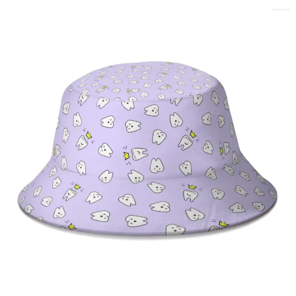 Berets Dentes Aparelhos Dentários Dente Dentista Berçário Impressão Violeta Bucket Hat para Mulheres Homens Estudantes Dobrável Bob Chapéus de Pesca Panamá Cap