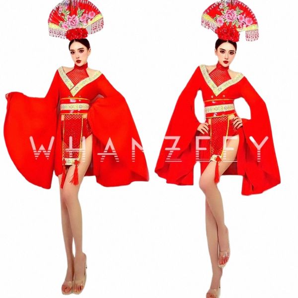 Modern Dance Stage Wear Charm Sexy Roter chinesischer Stil Alte Kleidung ist großartiges Outfit Bar Club Party Lady Cosplay Kostüm Set C03O #