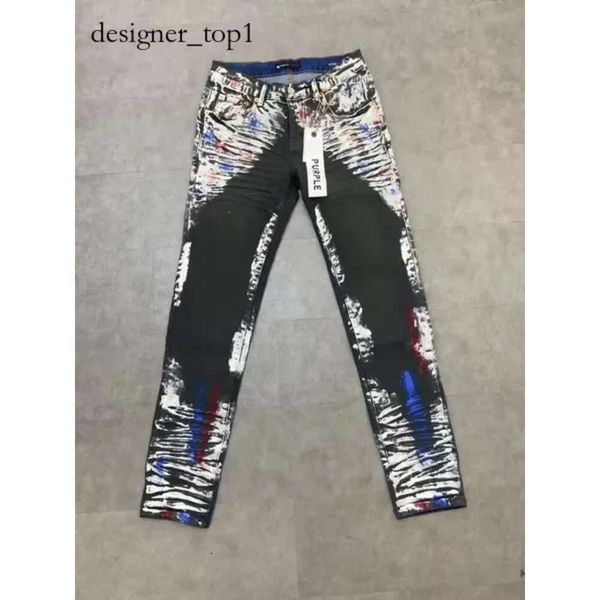 Lila Markenjeans Herrenjeans Marke Mann Schwarz High Street Lila Jeans Farbe Graffiti Muster Beschädigt Zerrissene Lila Röhrenhose Denimhose 8972