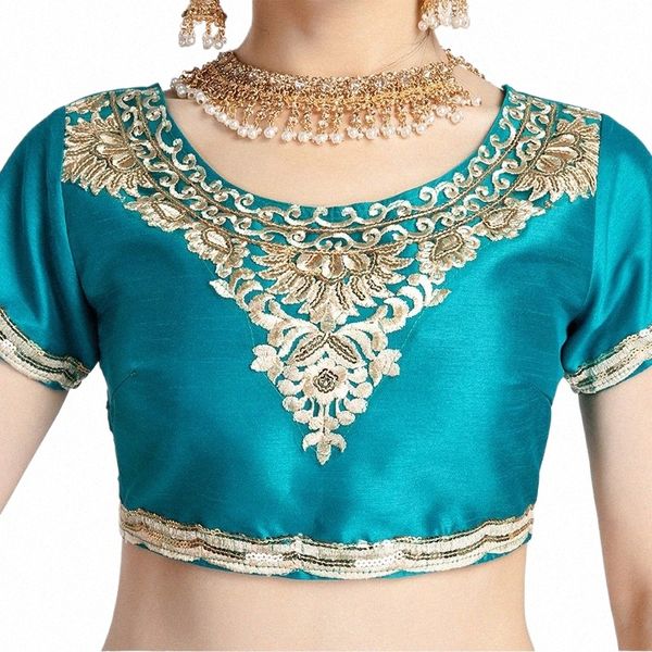 Indischer Tanz Tops Frauen Erwachsene Kurzarm Rundkragen Stickerei Hemd Bauchtanz Kostüme Bollywood Performance Wear DQL8067 X6SW #