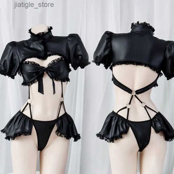 Sexy Set Frauen Sexy Dessous Love Live Cosplay Kostüme Nachtclub Schulmädchen PU Leder BHs Dienstmädchen Outfits Schwarz Halloween Teufel Anzug Neu Y240329