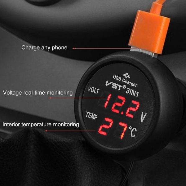 12 В/24V Цифровой светодиодный автомобиль Volt Meter 3 в 1 USB CAR Charger Voltmeter Thermometer Thratemon Monitor