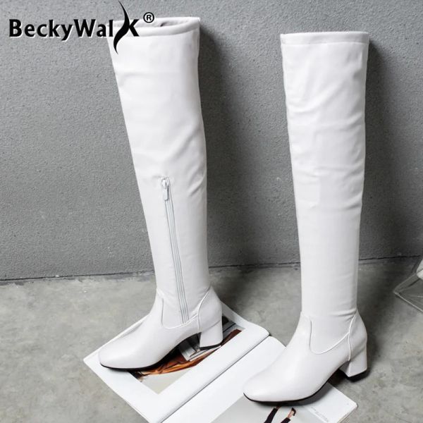 Boots Classic Taxa Boots High Women Autumn Winter Square Heal Middle Over the Knee Boots Balck White Shoes Mulher Plus Tamanho 45 WSH3699