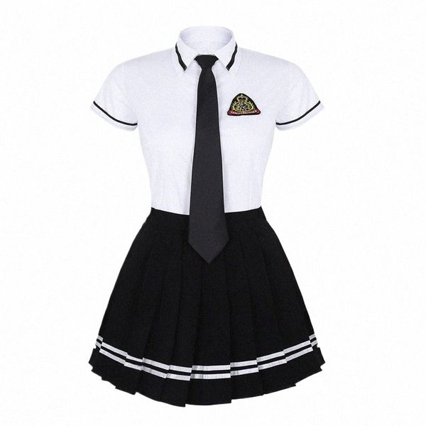 Tiaobug Japanische Schulmädchen-Uniform-Anzug Weiß Kurzarm-T-Shirt Top Faltenrock Cosplay Koreanische Mädchen-Student-Kostüm-Set u3kM #