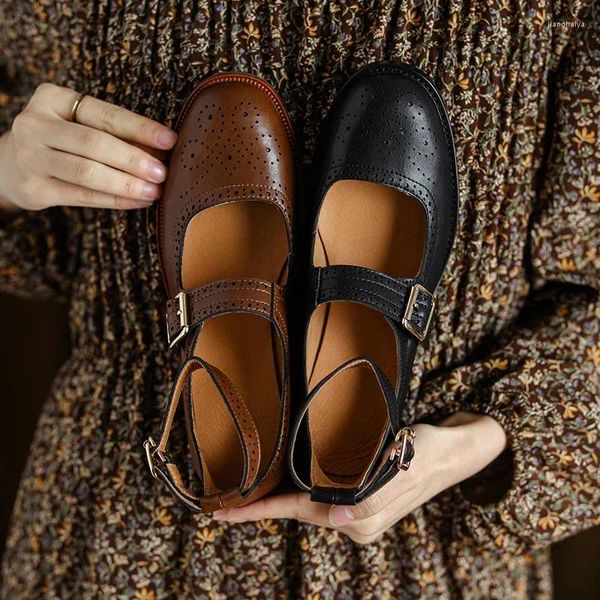 Casual Schuhe 2024 Frühling Frauen Pumpen Natürliche Leder 22-25cm Rindsleder Schweinsleder Schaffell Volle Retro Schnalle Brogues