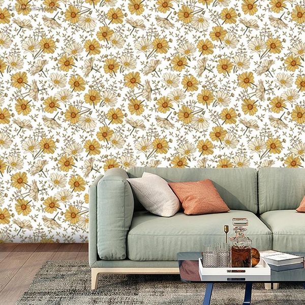 Papéis de parede multicolorido crisântemo descascado e colado papel de parede autoadesivo aquarela amarelo / branco adesivos de parede quarto decoração de casa