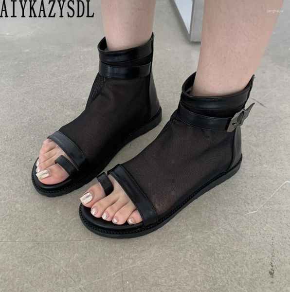 Sapatos casuais anel toe malha gaze verão bootie feminino respirável alta superior tornozelo botas de salto plano roma gladiador sandálias estudante