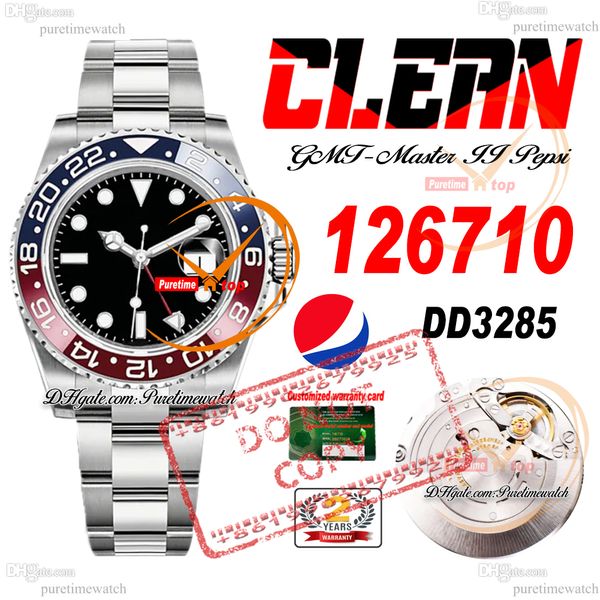 Pepsi 126710 DD3285 Relógio masculino automático limpo CF vermelho azul cerâmica moldura mostrador preto 904L OystSteel pulseira Super Edition mesmo cartão de garantia serial Puretime f2