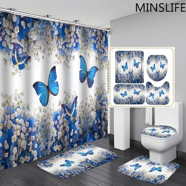 Tende da doccia Farfalle blu nel modello di fiori Tenda da bagno e set di tappeti Coperchio piedistallo Copriwater Tappetino da bagno