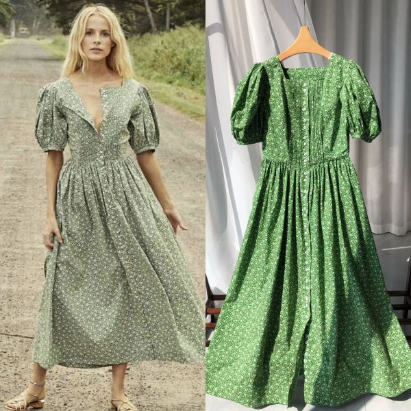 Vestido feminino estilo princesa da floresta, vestido verde fresco com flores fragmentadas, vestido de manga bolha