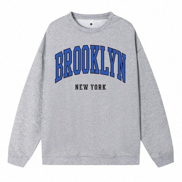 tendência Outono Plus Size Mulher Moletons Brooklyn New York Design Azul Impressão Com Capuz Solto Crewneck Pulôver Quente Fleece Tops f91l #