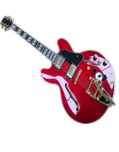 Fábrica personalizada guitarra elétrica halfhollow 335 guitarra corpo vermelho dourado tremolo ponte tigre folheado 5948434