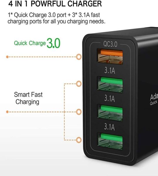 USB Quick Charge 30 Rapid 4-портовое быстрое зарядное устройство Настольное зарядное устройство Зарядный блок, совместимый для Samsung Galaxy S10 Plus iPhone 13 12 3699767