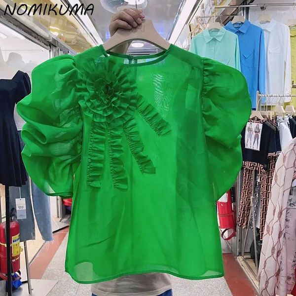 Frauen Blusen Nomikuma Chic 3D Rüschen Blume Patchwork Bluse Tops Kausalen Koreanische Puff Hülse O-ansatz Frau Shirts 2024 Sommer blusas Mujer