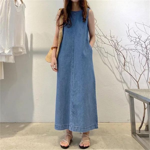 Moda vestido longo em torno do pescoço sem mangas bolso solto colete denim robe para mulher atacado