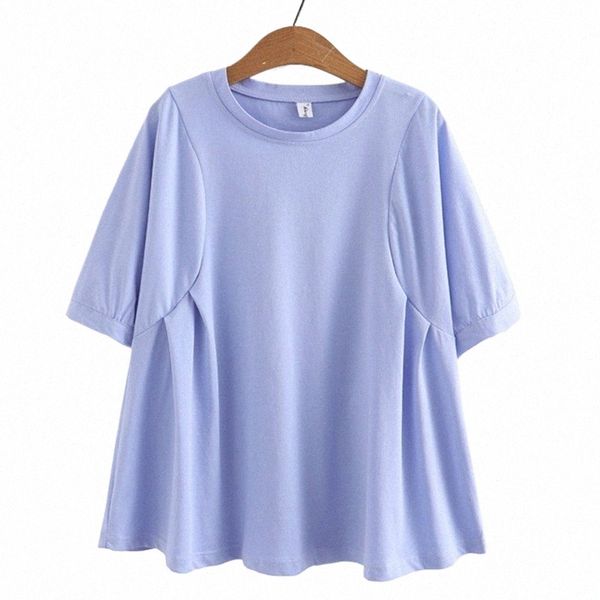 4XL Estate Plus Size T-shirt di base delle donne 2023 Primavera Fold O-Collo Tees dolce mezza manica che tocca Tops curva oversize vestiti K6sM #