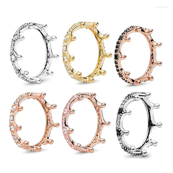 Anéis de cluster em 925 prata esterlina rosa ouro claro espumante coroa anel de noivado de casamento para mulheres jóias originais venda