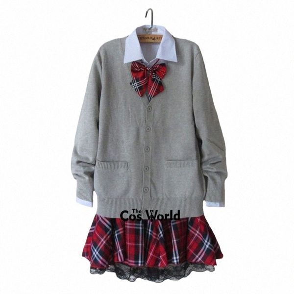 Опрятный стиль Студенческий класс Япония JK Школьная форма Зимний серый кардиган с v-образным вырезом Красная клетчатая юбка Белая рубашка Костюмы c6FU #
