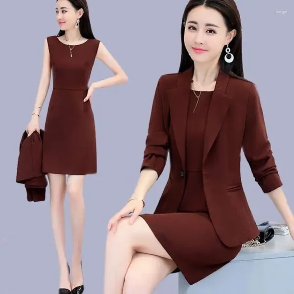 Abiti da lavoro Primavera Autunno Blazer da donna Abito a due pezzi Set coreano da ufficio Lady Graceful Slim Solid Suit Jacket Tank Outfits Abbigliamento da lavoro