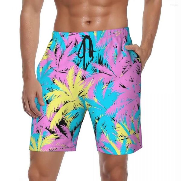 Erkek şort neon palmiye ağaçları tahta yaz bitki baskı spor giyim plajı hızlı kuru şık özel büyük boy yüzme gövdeleri