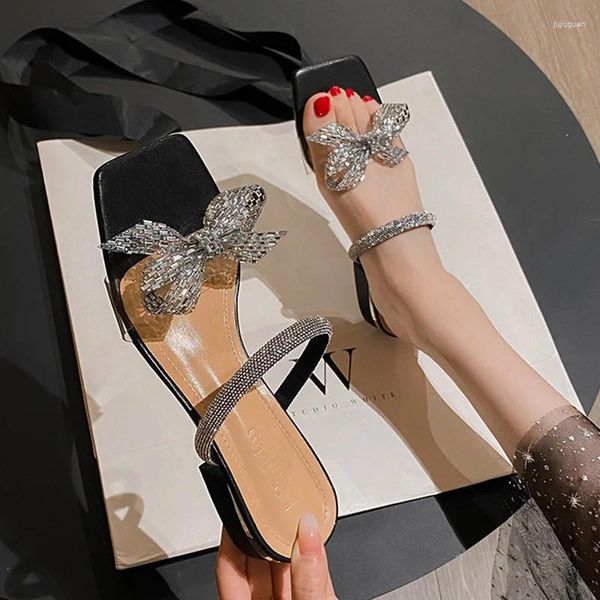 Сандалии 41-43, прозрачные женские туфли большого размера с бантом, блестящие тапочки с бисером, женские шлепанцы с бантом и кристаллами, прозрачные Sandalia Mujer