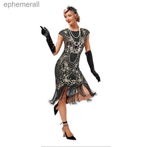 Abiti sexy urbani Donna Anni '20 Abito vintage Great Gatsby Doppio o-collo senza maniche con perline Paillettes Nappa Art Deco Flapper per la festa yq240330