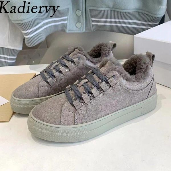 Scarpe casual Sneakers invernali Donna Stringate Punta tonda Pelliccia Lady Pelle scamosciata di mucca Camminata piatta Comfort Lana Donna sportiva calda