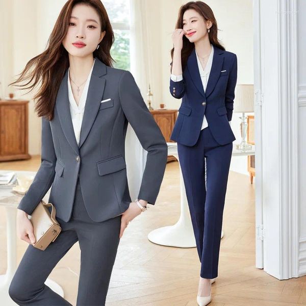 Женские брюки-двойки, синий пиджак, осень-зима 2024, деловой, достойный поклонник, элитная официальная женская одежда