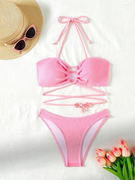 Mulheres Swimwear Sexy Bandage Hollow Out Bikini Set Mulheres Rosa Push Up Micro Y2K Corte Brasileiro Banheira Terno Tanga Maiô 2024