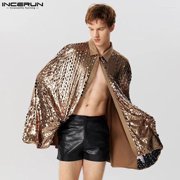 Männer Graben Mäntel INCERUN Männer Mantel Patchwork Glänzende Revers Eine Taste Lose Mode Unregelmäßige Ponchos Streetwear 2024 Casual Cape