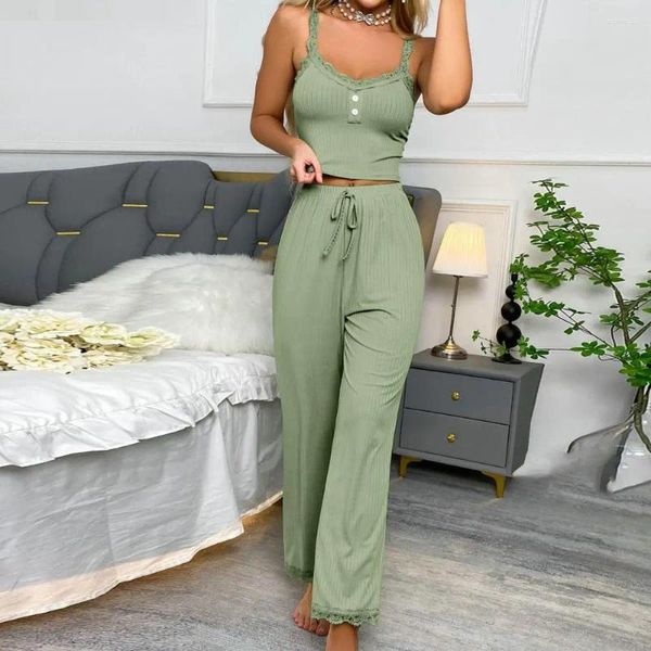 Casa roupas de duas peças loungewear elegante rendas aparadas verão pijama conjunto com cordão cintura baixo corte com decote em v regata feminina homewear