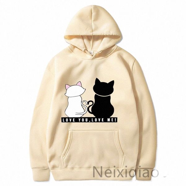 artı boyut siyah ve beyaz kedi çifti kazak baskısı hoodie kadınlar erkekler sonbahar kış polar sıcak lg kol temel kadın kazak l7zn#