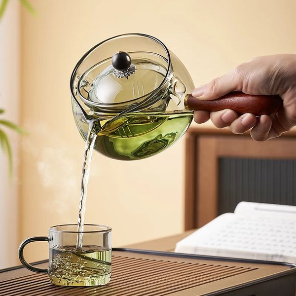 Glas-Teekanne mit Holzgriff, chinesische Teezeremonie, reiner Tee, Kung-Fu-Tee, transparentes Teawear-Set, seitlicher Griff, Glaskessel 240315