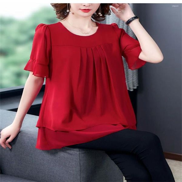 Blusas femininas coreano verão moda chiffon camisa irregular topos o pescoço manga curta solta blusa sólida elegante roupas femininas l a 6xl