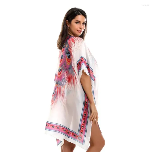 Mulheres praia cover-up impresso protetor solar poncho solto maiô de secagem rápida cardigan irregular biquíni xale para o verão