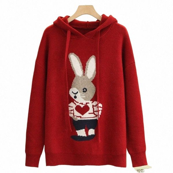 4XL Autunno Plus Size Maglione Donna Abbigliamento ALLENTATO Pullover lavorato a maglia Fi Dobby Love Rabbit Con cappuccio Curva Maglione invernale J4u0 #