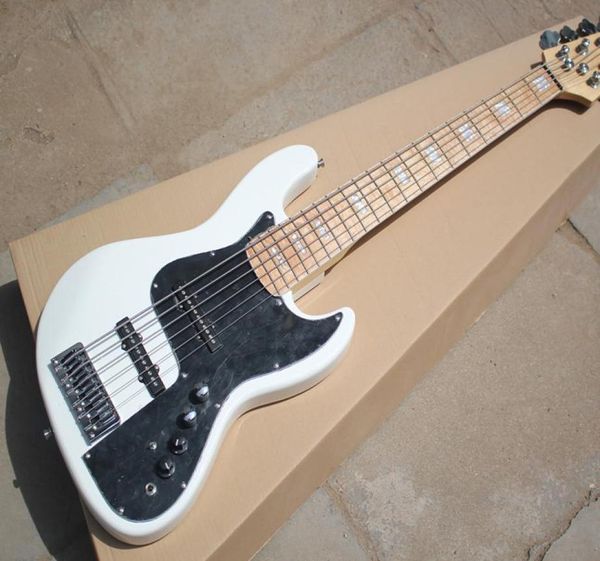 Baixo elétrico de 6 cordas com pickguard branco, placa de dedo de bordo, hardware cromado, serviço personalizado 8926851