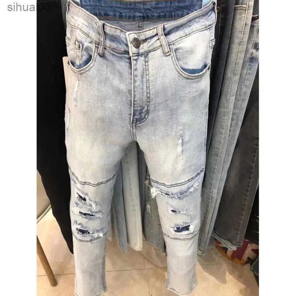 Jeans maschile 2017 leggero thread azzurro split lacrima patch work abbigliamento jeans street abbigliamento ultra sottile elastico in denim maschile moto da uomo jeansl2403