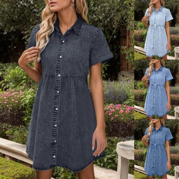 Vestidos casuais elegante cor sólida manga curta denim vestido verão lapela single-breasted splice dressy feminino confortável vestido de commuter