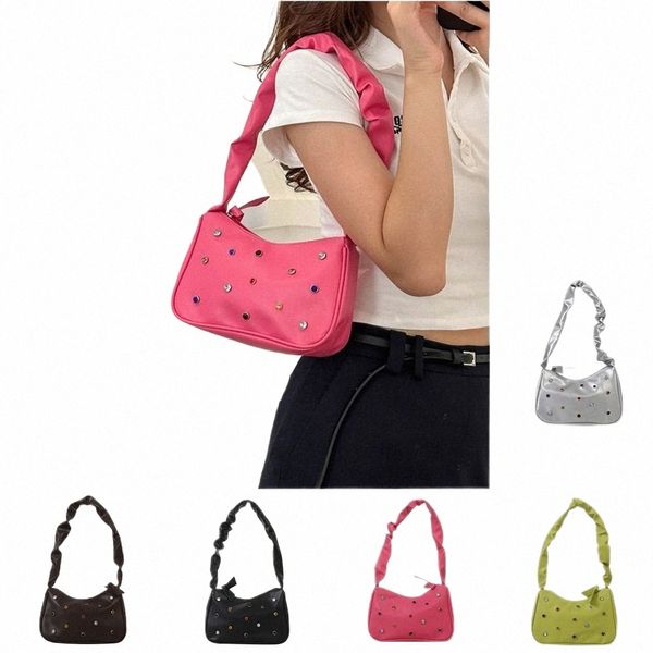 PU-Leder Farbe Rhineste Unterarmtasche Koreanischer Stil Einfarbig Sommer Umhängetasche Große Kapazität Mädchen Handtasche Reise Y65s #