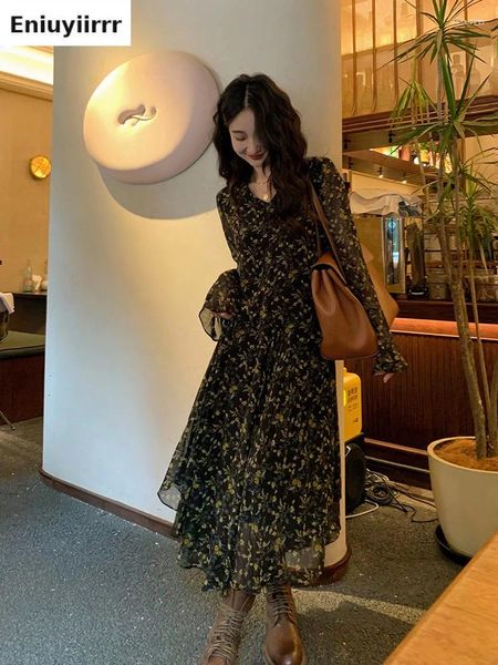 Sıradan Elbiseler 2024 Sonbahar Bahar Temel Giyim Çiçek Elbise Kadın Zarif Ofis Lady Retro Vintage Chic Kore Moda Kadınsı Vestidos