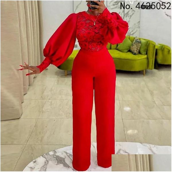 Ethnische Kleidung Elegante Afrikanische Overall Lange Laterne Hülse Rote Spitze Patchwork Strampler Plus Größe Party Für Frauen Outfits Drop Liefern dhgtf