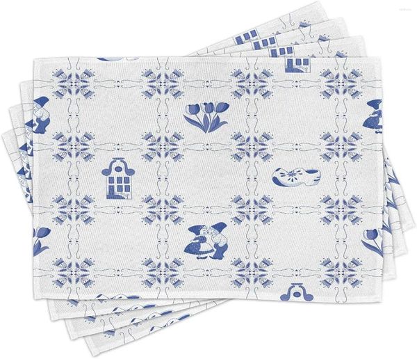 Tovagliette da tavolo vintage blu set di 4 culture olandesi con zoccoli case sui canali e tulipani tovagliette in tessuto lavabile per sala da pranzo