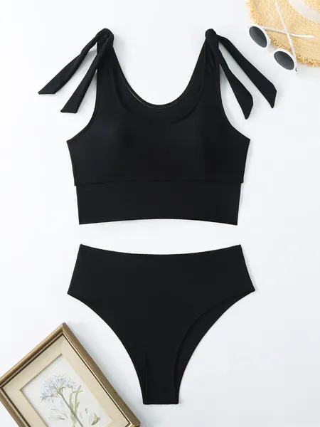 Damenbadebekleidung Sexy Bikini 2024 Frauen Black Tie Up Strap Push gepolsterte hohe Taille Badeanzug Strand rückenfreier Badeanzug Zweiteiler