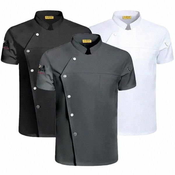 Unissex Chef Jacket Manga Curta Cozinha Cook Coat Restaurante Garçom Uniforme Camisa j0bp #