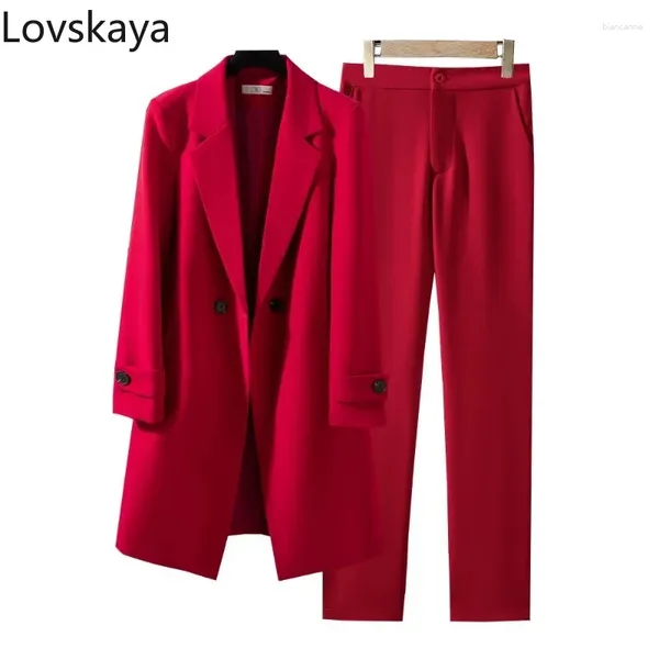 Calças femininas de duas peças sólido longo formal blazer conjunto feminino jaqueta e calças 2 mulheres trabalho negócios desgaste calça terno vermelho azul preto